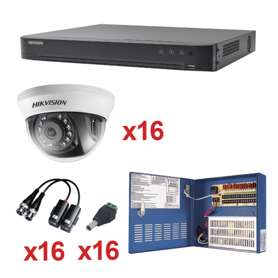 Kit DVR Sistema TurboHD 1080p / DVR 16 Canales / 16 Cámaras Domo (interior 2.8 mm) / Transceptores / Conectores / Fuente de Poder Profesional
