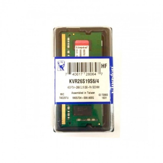 Memoria Sodimm DDR4 Kingston 4GB 2666MHZ, KVR26S19S6/4