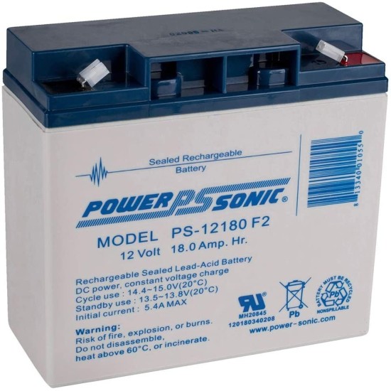 Bateria de respaldo UL 12V/18AH Power Sonic PS-12180F2, para sistemas detección de incendio, control de acceso y vigilancia