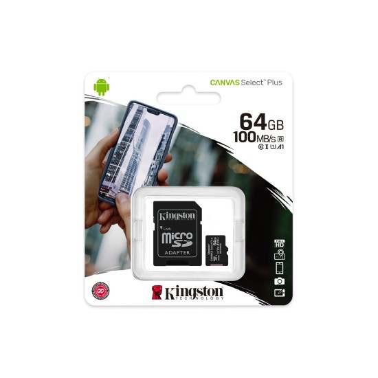 Memoria microSDHC 64GB Kingston SDCS2/64GB Canvas Select Plus UHS-I CLASE 10, con adaptador