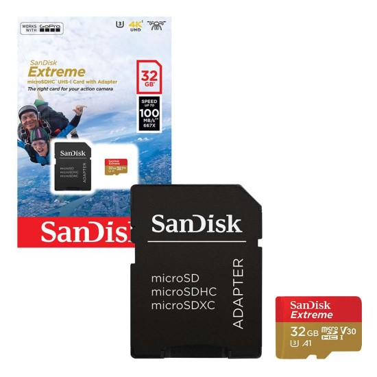 Memoria Sandisk MicroSDXC 32GB, Extrem ActiON 4K CL10 con adaptador, SDSQXAF-032G-GN6AA