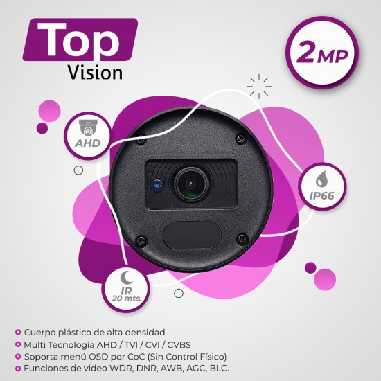 Camara HD Bullet Topvision TCB120 AHD/ TVI/ CVI/ SD/ 2MP-1080P/ 3.6MM/ 20M IR/ Plastico/ IP66/ 12VCD