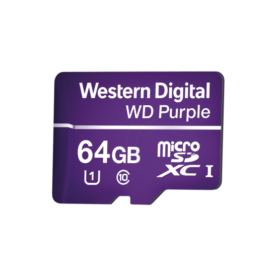 Memoria microSD de 64GB purple, especializada para videovigilancia, 3 veces mayor duración que una convencional, Western Digital, WD64MSD