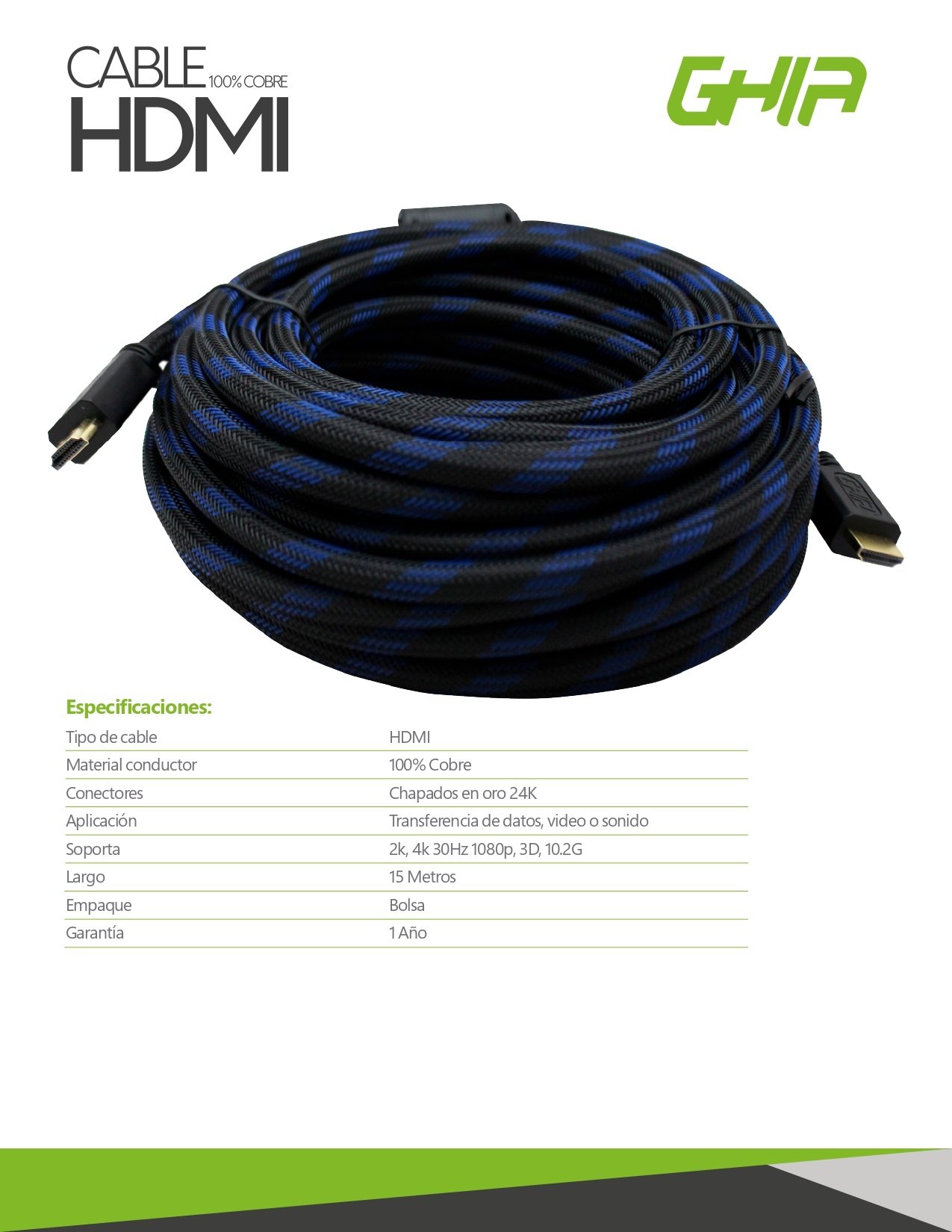 Cable HDMI de 15 Metros Reforzado Ghia GCB-027 Para Uso Rudo Negro