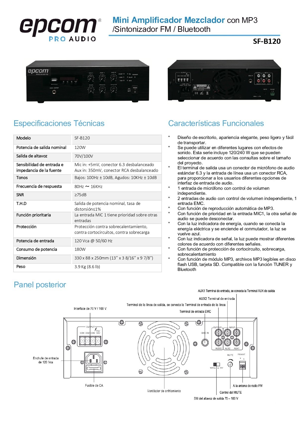 EPCOM PROAUDIO SF-B120 Mini Amplificador De Audio Mezclador 120w Rms S