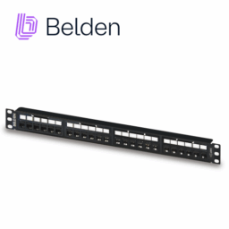 Patch Panel 24 Puertos RJ-45 Belden RV6PPF1U24BK CAT6+/1 Unidad de Rack Herramienta Compatible RVUTT01/Uso Interior/Calibre 23-24 AWG/Negro