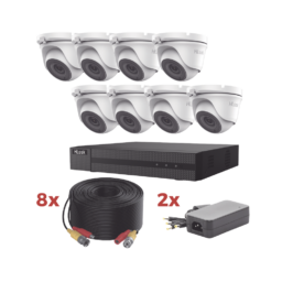 Kit DVR TURBOHD 8 Canales 1080P Lite HILOOK HL1080P8E / 8 Cámaras Turret 1080P Metálicas / 8 Cables de 20 Metros / 2 Fuentes de 4 Canales