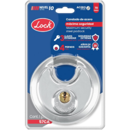 Candado Disco Lock 57CA De Maxima Seguridad / 70MM / Con 3 Llaves Estandar / Acero / Gris