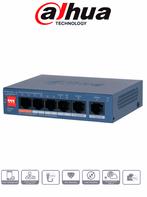 Switch Dahua DH-CS4006-4ET2GT-60/6 Puertos/Administrable DoLynk Care/Gigabit Ethernet 10/100/1000/12 GBIT/S/Negro