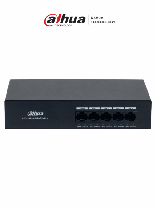 Switch Dahua DH-PFS3005-4GT-36 de 4 Puertos/No Administrable/1 Puerto Uplink RJ45 10/100/1000MBPS/Ofrece Proteccion Contra Descargas Electricas/Ideal Para Alimentar Dispositivos IP/Incluye Fuente de Poder